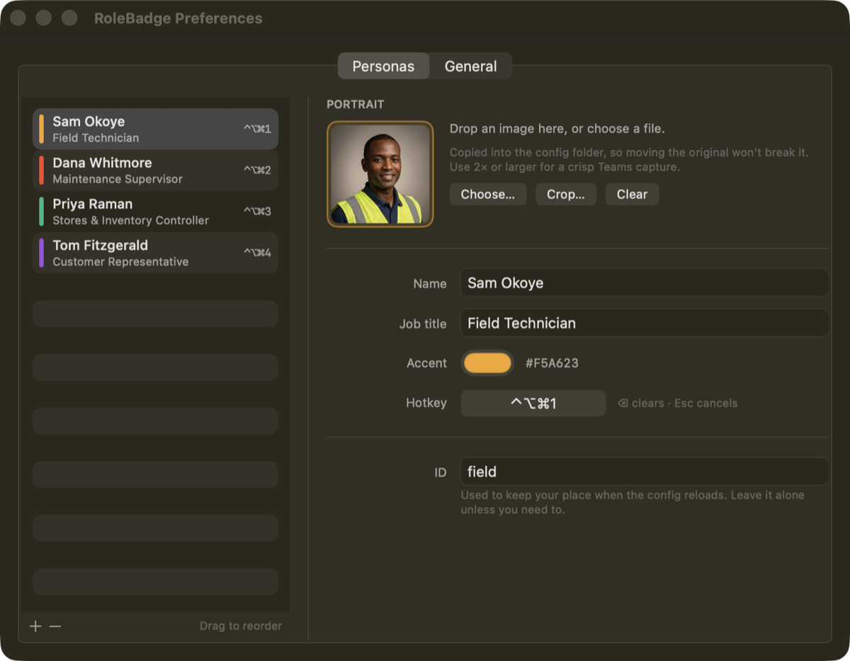 RoleBadge Preferences window showing the persona editor